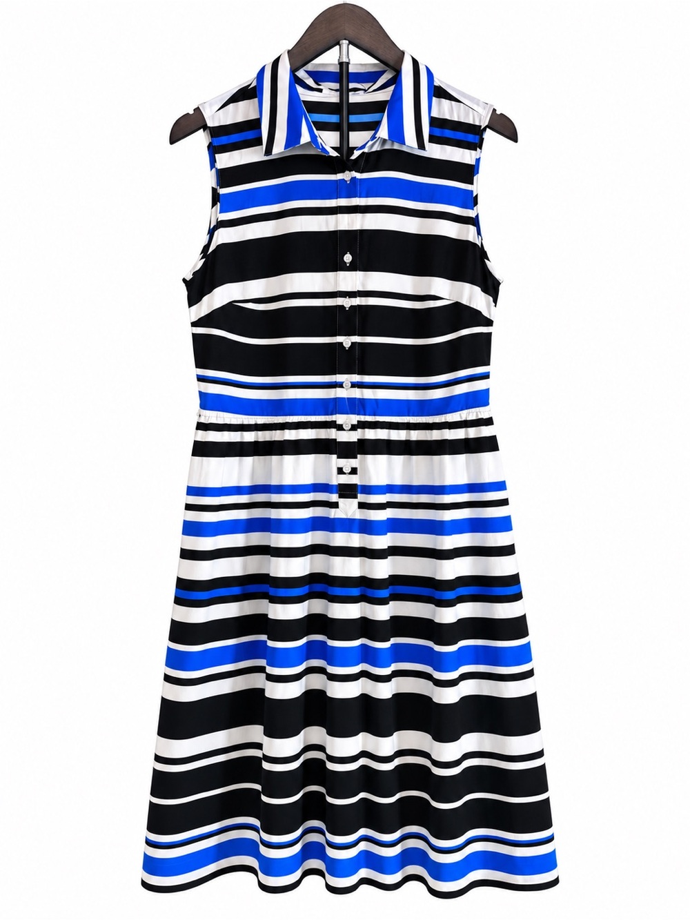 Calvin Klein Blue Black White Striped Sleeveless Midi Shirt Dress Size 10